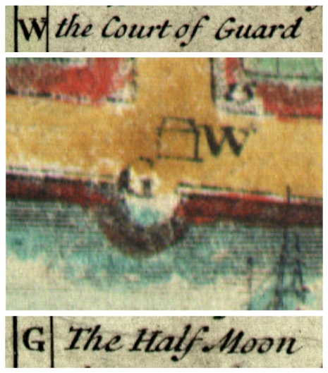 The 1711 Crisp map shows the location of the Watch House along East Bay.