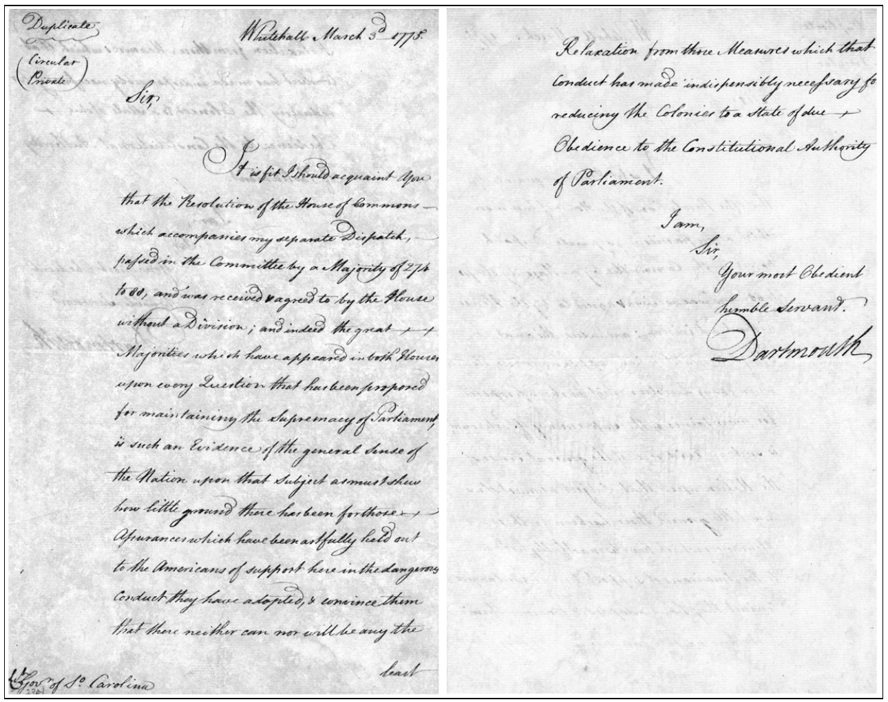 Lord Dartmouth's letter to Lt. Gov. William Bull, dated Whitehall, March 3rd 1775, from the Robert W. Gibbes Collection of Revolutionary War Manuscripts at the South Carolina Department of Archives and History.