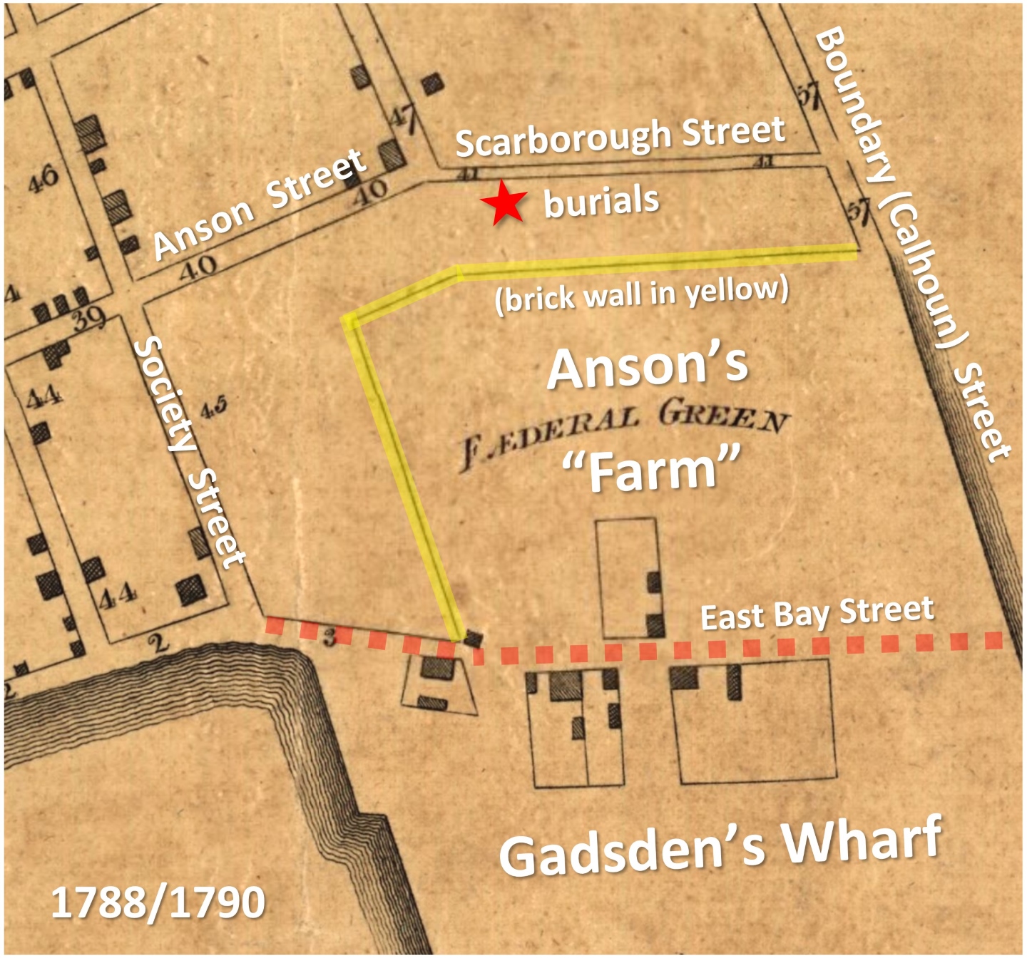 Illustration of Anson's Farm and Gadsden's Wharf from a 1790 map. 