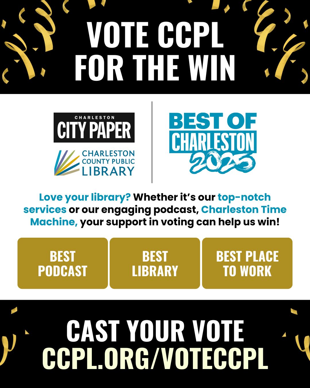 Thanks to your nominations we're finalists in three categories for the Charleston City Paper's 2025 Best of Charleston Awards! They include Best Podcast, Best Library and Best Place to Work.