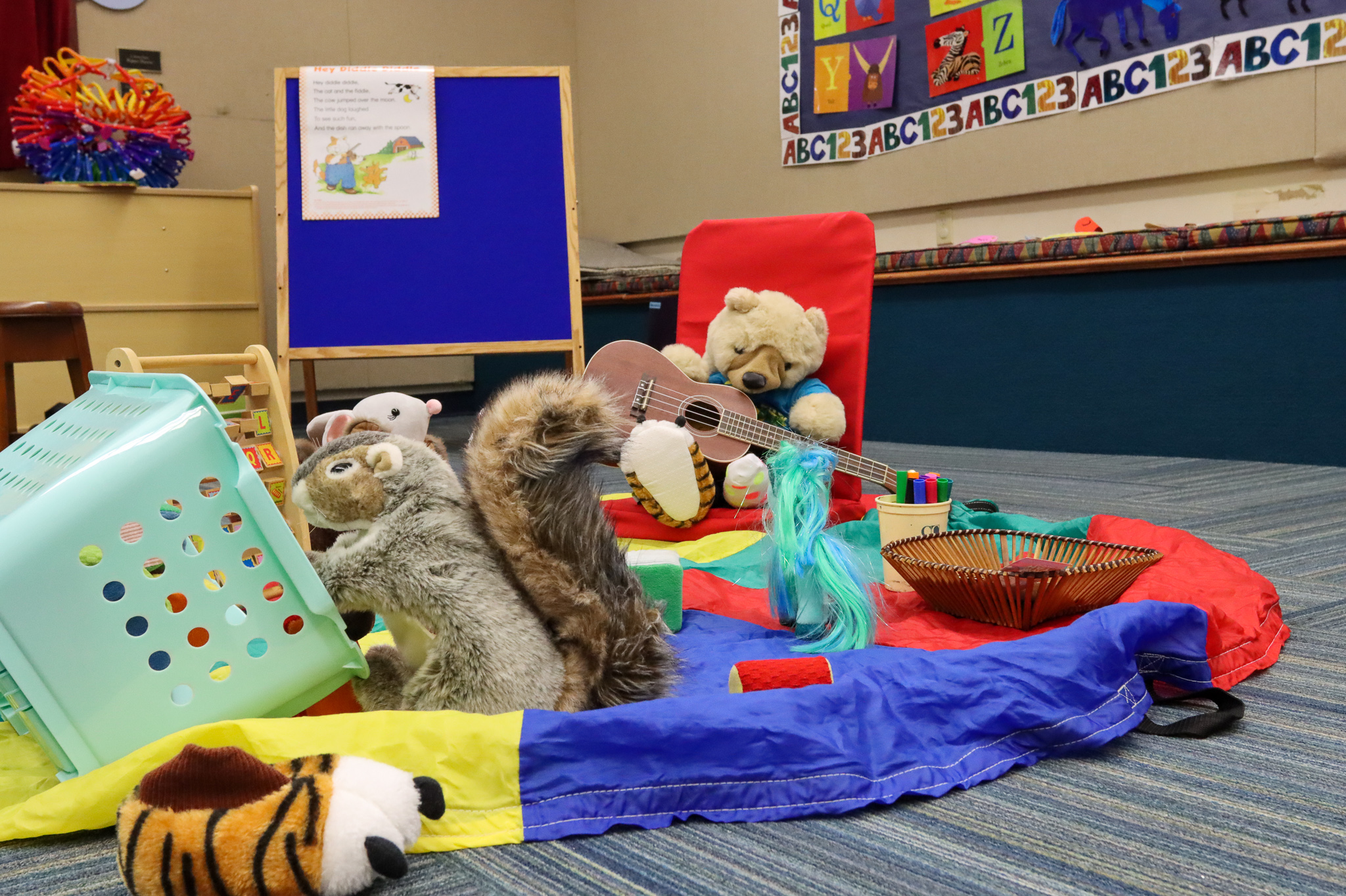 Group of stuffed animals on sleepover at Main Library run amok overnight