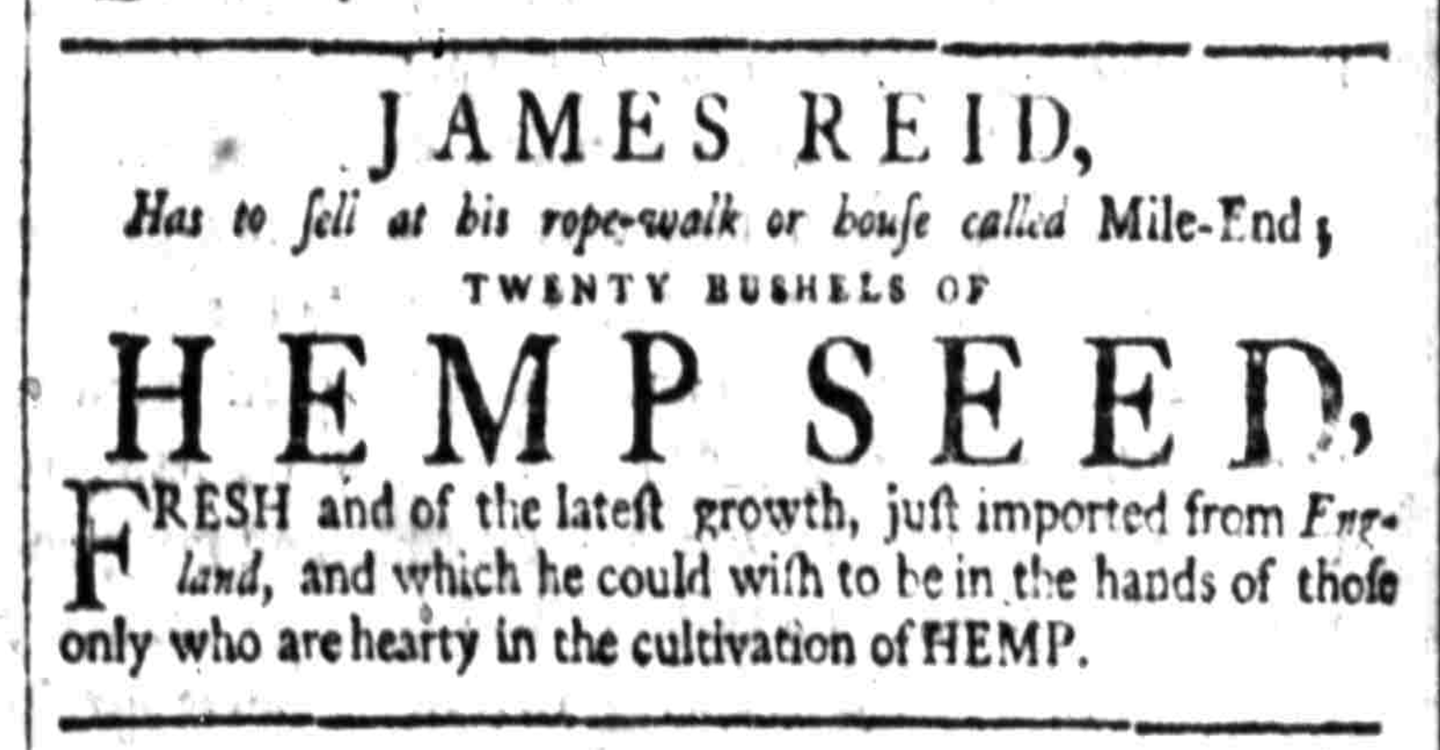 An ad for 20 bushels of freshly grown hemp seed in the March, 1760 edition of the South Carolina Gazette.