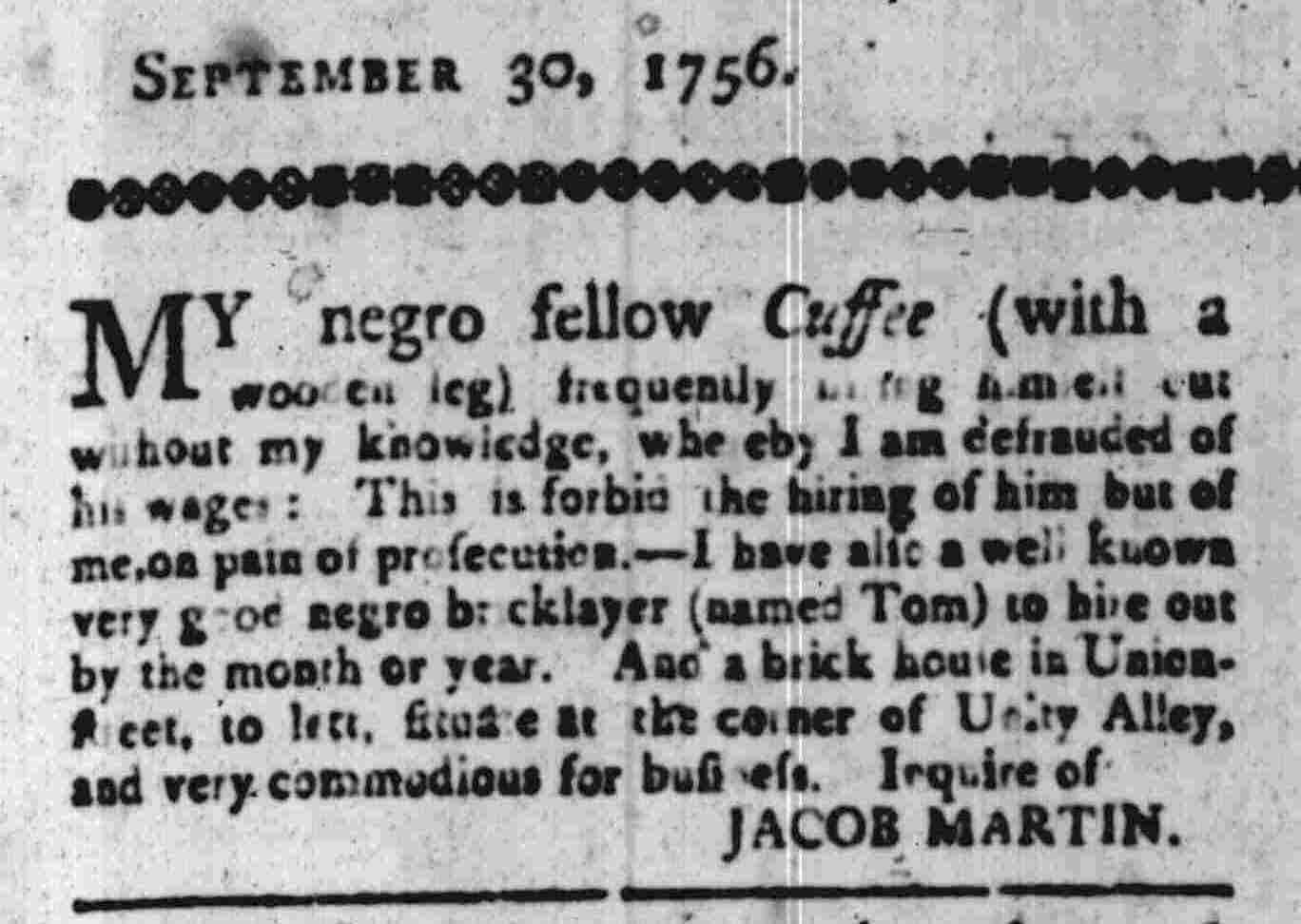 An ad about two enslaved men, Cuffee and Tom, in the Sept. 30, 1756 edition of the SC Gazette.