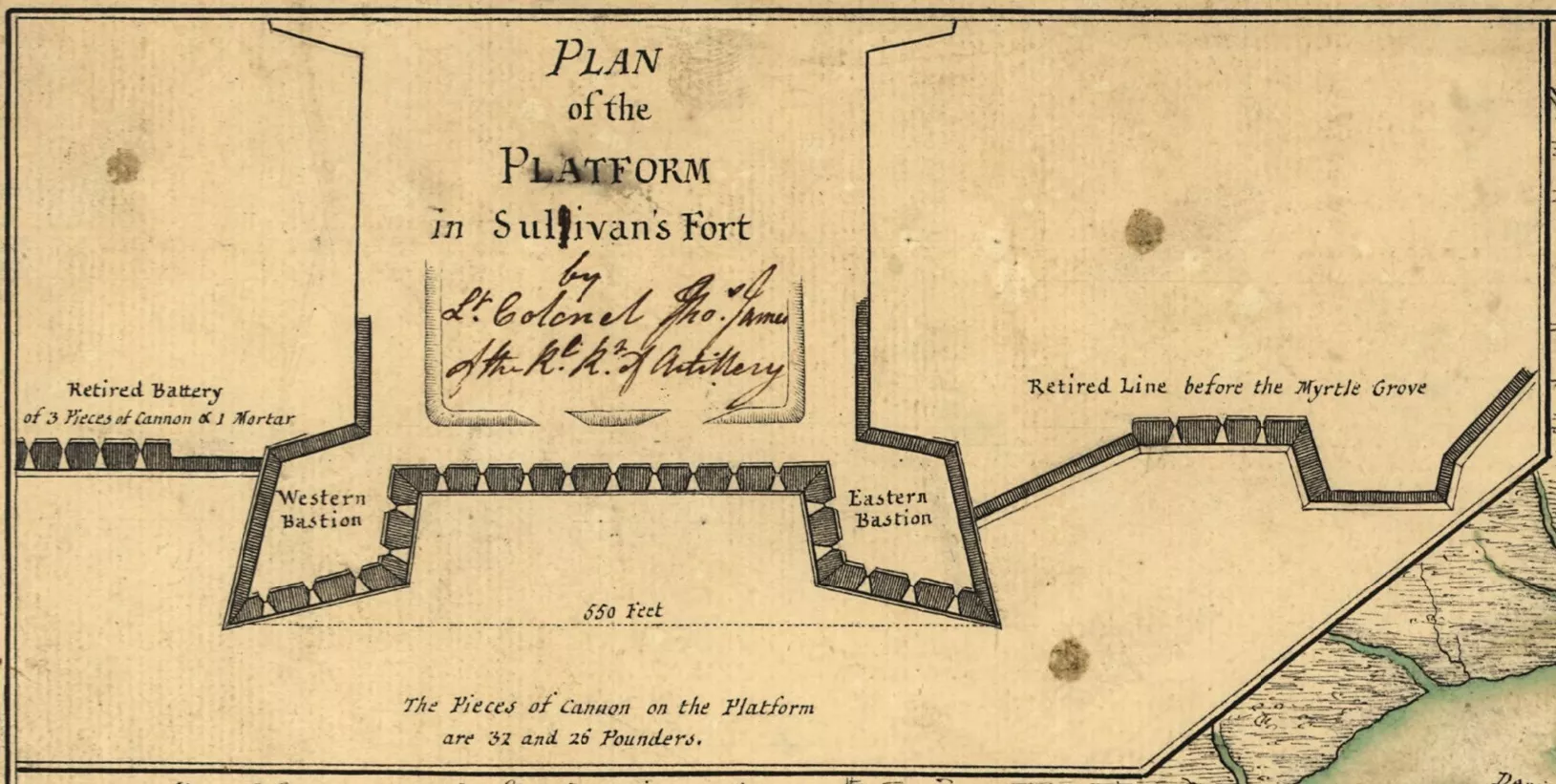 A detail of the fort on Sullivan's Island in a 1776 Faden map.