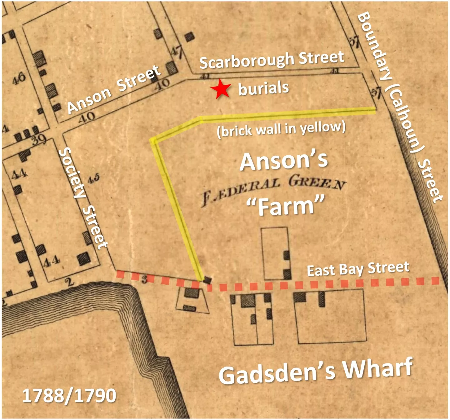 Illustration of Anson's Farm and Gadsden's Wharf from a 1790 map. 