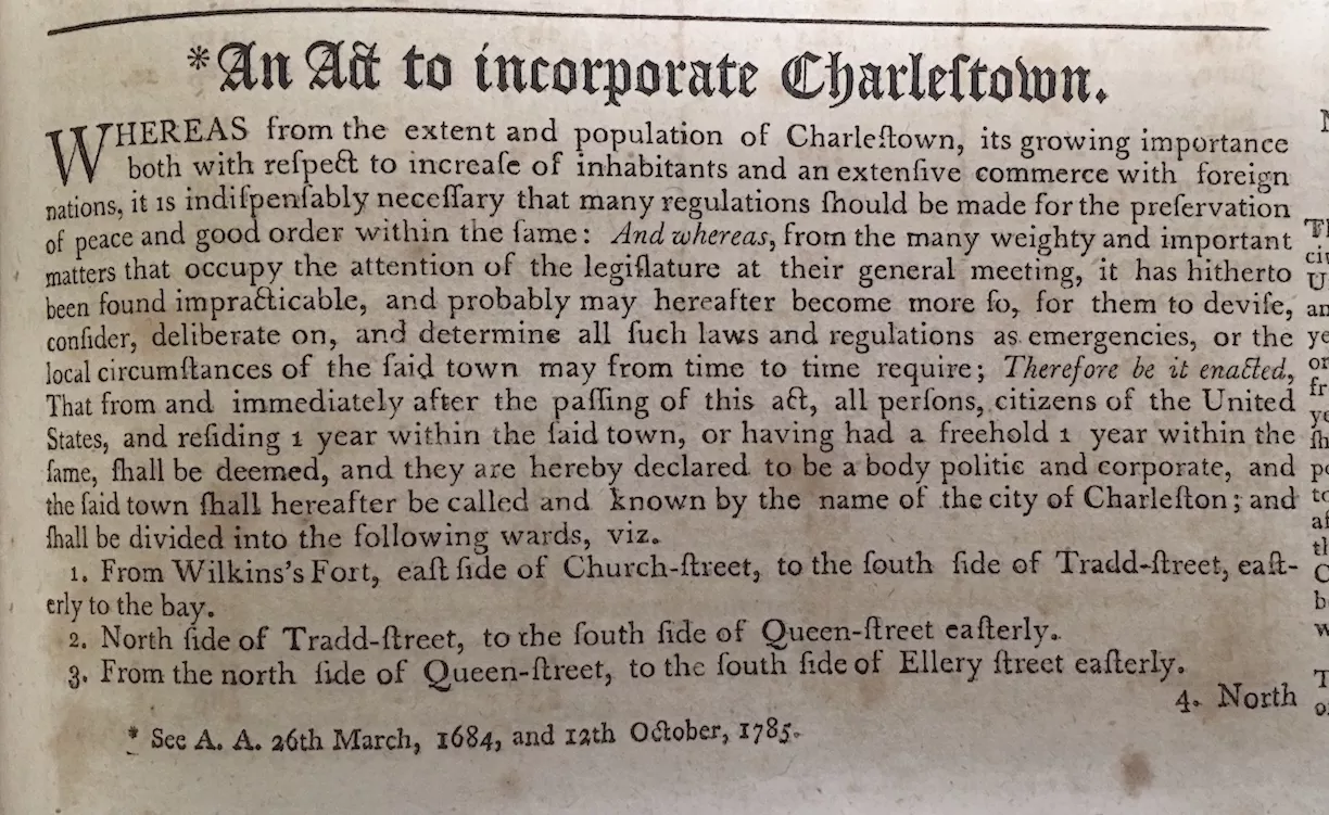 Grimke laws of 1790 identify the city's name as Charlestown