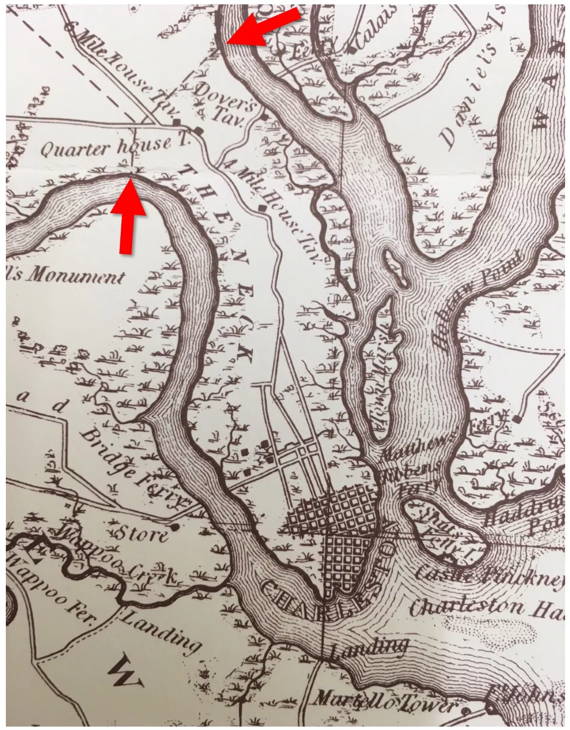1825 Mills Atlas of SC: Charleston Neck with arrows showing the parish boundary.
