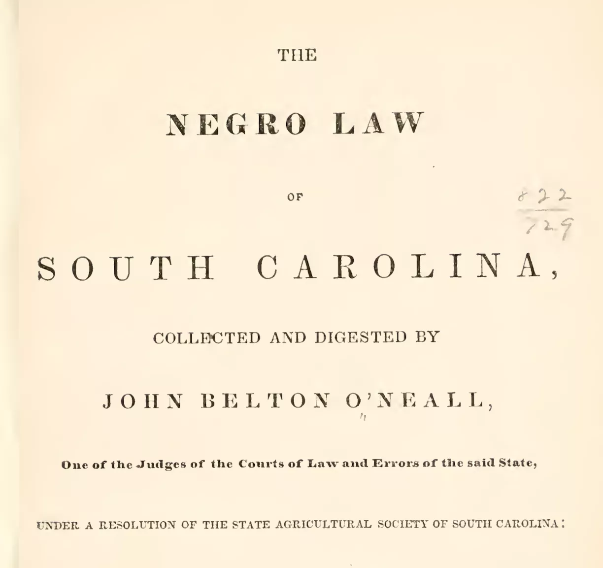 Title page of 1848's legal digest titled The Negro Law of South Carolina.