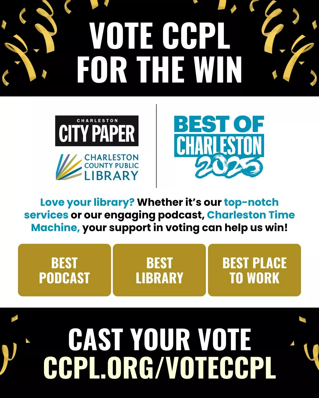 Thanks to your nominations we're finalists in three categories for the Charleston City Paper's 2025 Best of Charleston Awards! They include Best Podcast, Best Library and Best Place to Work.